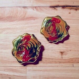 Vintage Colorful Painted, Round Stud Enamel and Gold Statement Earrings!